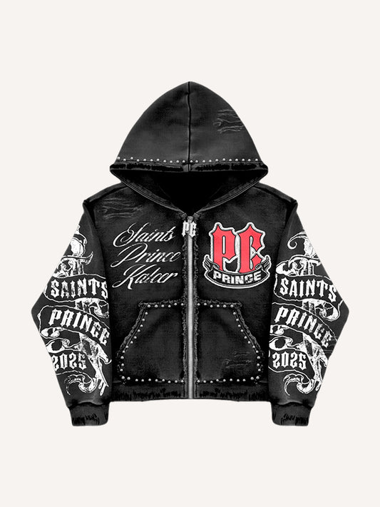 Hip-hop distressed double-sleeved Gothic print zipper sweatshirt