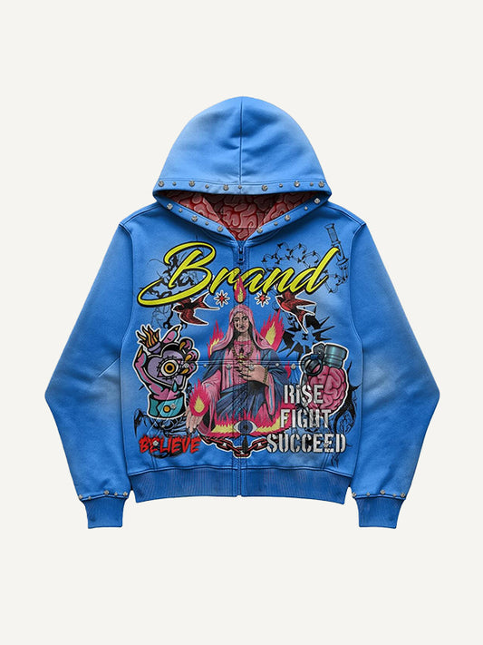 Hip-hop distressed hooded cardigan sweatshirt