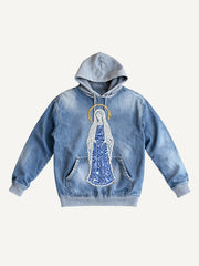Washed Denim Lightweight Breathable Beaded Virgin Mary Hooded Sweatshirt