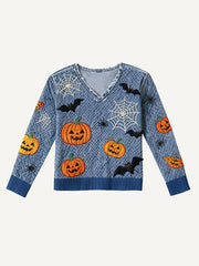 V-neck washed denim patch print Halloween sweatshirt