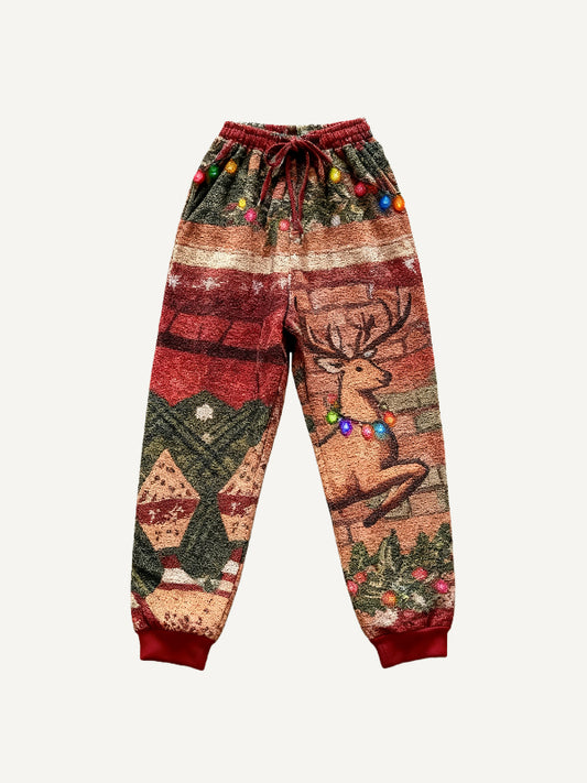 Hand-painted ethnic towel texture Santa Claus print warm trousers