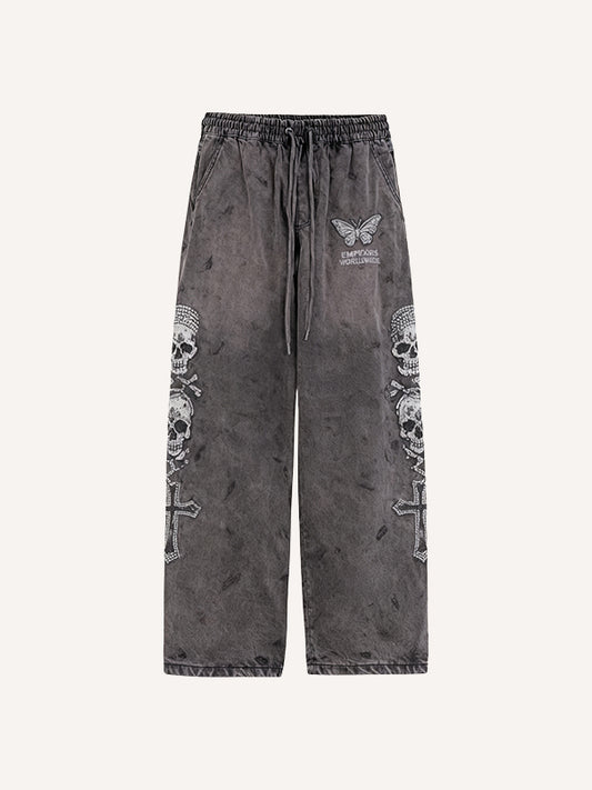 Heavyweight double-breasted skull print drawstring sweatpants