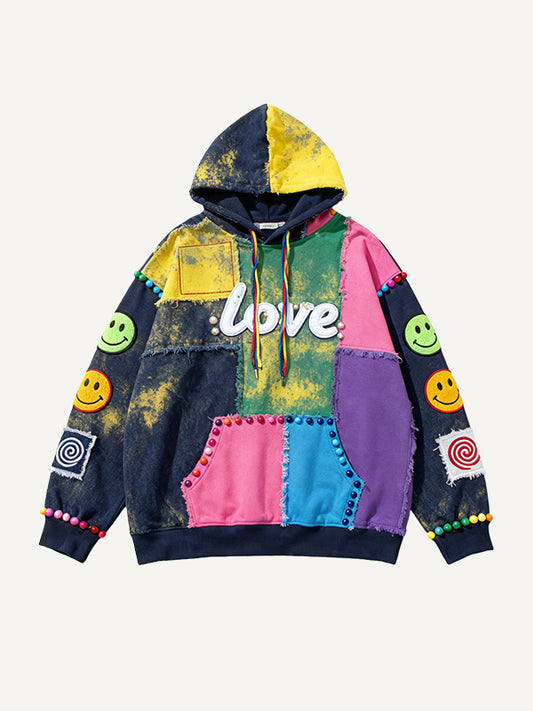 Fashionable patchwork texture print hooded sweatshirt