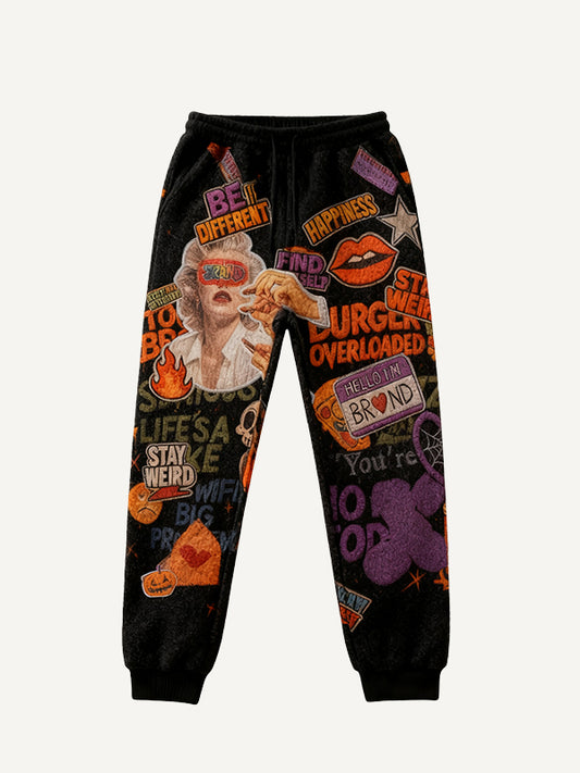 Hooded trousers with towel-textured appliqués and felt embroidery