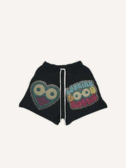 Cartoon Eye&Heart&Letter Faux Decal Print Drawstring Waist Shorts