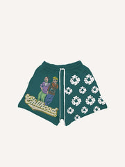 Floral&Letter&Figure Print Elastic Waist Shorts