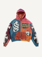 Colorblock Cross Skeleton Letter Faux Decal Print Slant Pockets Hoodie