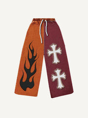 Colorblock Cross&Fire Faux Decal Print Elastic Waist Pants