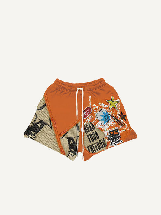 Graphic&Letter Faux Decal Print Drawstring Waist Shorts