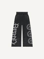 Letter&Cross Faux Rhinestones Print Elastic Waist Pants