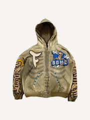 Skull&Letter Faux Decal Print Zip Up Hooded Coat