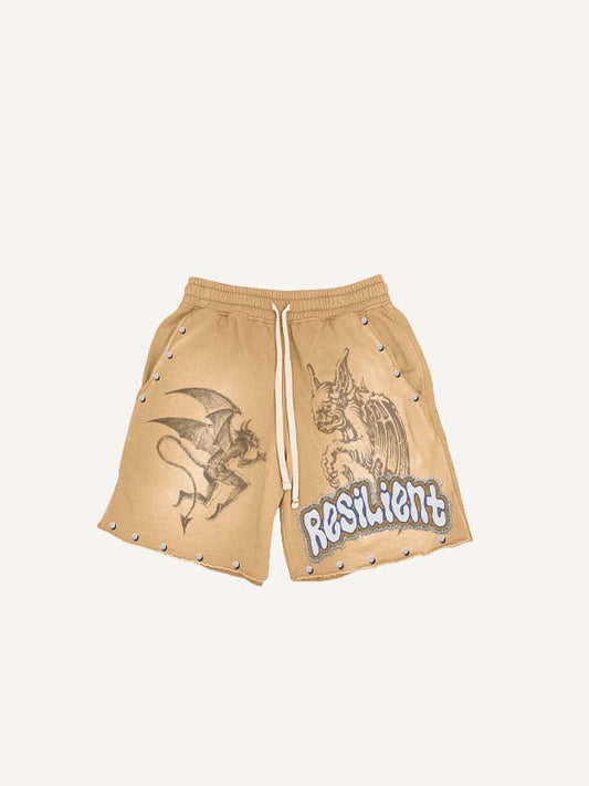 Demon&Letter Faux Decal Print Drawstring Waist Shorts