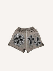 Cross&Wing&Letter Faux Decal Print Drawstring Waist Shorts