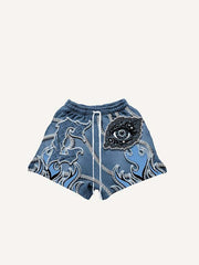 Eye&Fire&Letter Faux Decal Print Drawstring Waist Shorts