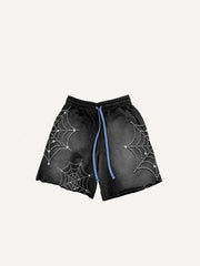Spider Web Faux Rhinestones Print Drawstring Waist Shorts