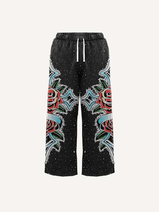 Cross&Floral&Letter Faux Decal Print Elastic Waist Pants