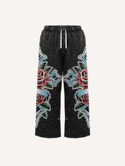 Cross&Floral&Letter Faux Decal Print Elastic Waist Pants