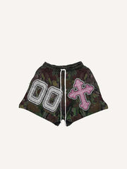 Branches&Letter&Cross Faux Decal Print Drawstring Waist Shorts
