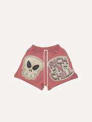 Skull&Letter Faux Decal Print Drawstring Waist Shorts