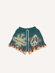 Floral&Fire&Graphic&Letter Faux Decal Print Drawstring Waist Shorts