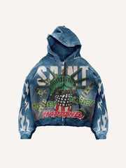 Hooded Statue Of Liberty&Letter&Graphic&Money Print Zip Up Hooded Coat