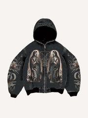 Mary&Pray&Floral Print Zip Up Hooded Coat