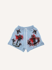Cross&Graphic Print Drawstring Waist Shorts
