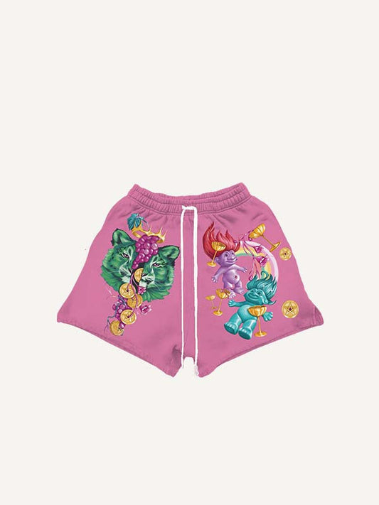 Figure&Graphic Print Drawstring Waist Shorts