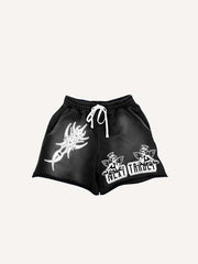 Angel&Letter&Graphic Faux Decal Print Drawstring Waist Shorts