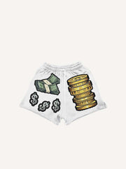 Money Faux Decal Print Drawstring Waist Shorts