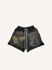 Dog&Pistol&Palm&Floral&Letter Print Drawstring Waist Shorts