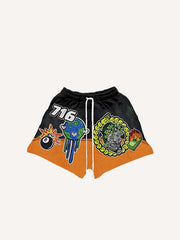 Colorblock Fire&Money&Graphic&Letter Faux Decal Print Drawstring Waist Shorts