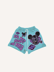 Evil Mouse&Poison Gas&Letter Print Drawstring Waist Shorts