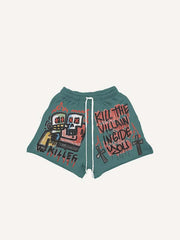 Figure&Skull&Fire&Letter Print Drawstring Waist Shorts