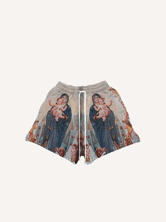 Figure&Graphic Print Drawstring Waist Shorts