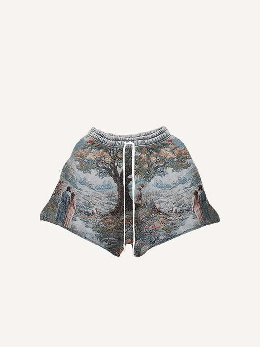 Figure&Tree&Animal&Floral Print Drawstring Waist Shorts