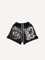 Eye&Cross&Mary&Letter Faux Rhinestones Print Drawstring Waist Shorts