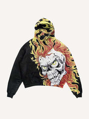Skull Fire Print Slant Pockets Hoodie