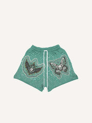 Eye&Wing&Skull&Butterfly Faux Decal Print Drawstring Waist Shorts