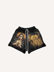 Mary Pray Cross Wing Graphic Heart Print Drawstring Waist Shorts