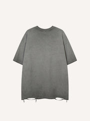 Distressed Washed Letter&Car Print Hole Round Neck T-shirt