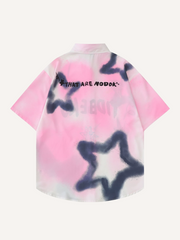 Tie-dye Letter Star Graffiti Print Lapel Shirt
