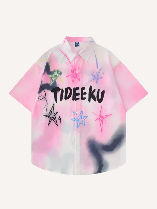 Tie-dye Letter Star Graffiti Print Lapel Shirt