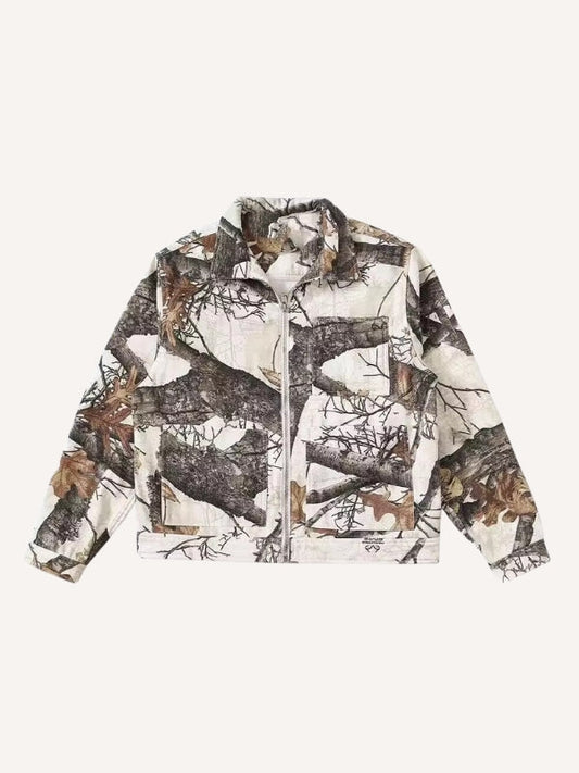 Branch&Camo&Leaf Print Denim Jacket