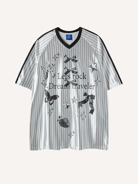 Butterfly&Graphic&Letter&Stripe Print V Neck T-shirt