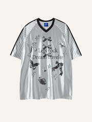 Butterfly&Graphic&Letter&Stripe Print V Neck T-shirt