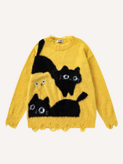 Cat Jacquard Hole Round Neck Knit Sweater