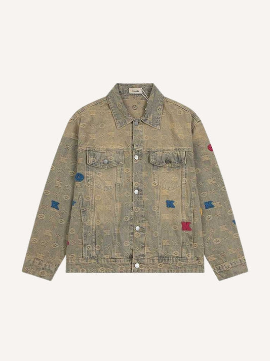 Distressed Washed Letter Embroidery Denim Jacket