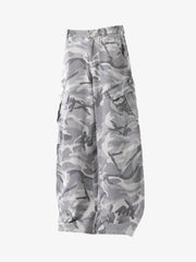 Woven Snow Camouflage Machete Wide-Leg Cargo Barrel Pants