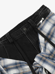 Denim Faux Two-piece Plaid Detachable Scimitar Jeans - 2435